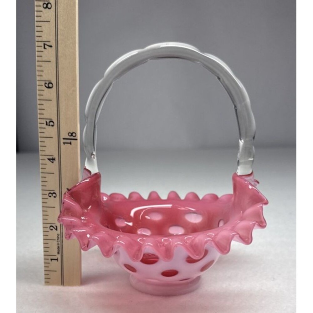 Fenton Cranberry Opalescent Coin Dot Ruffled Basket Art Glass 7" Applied Handle